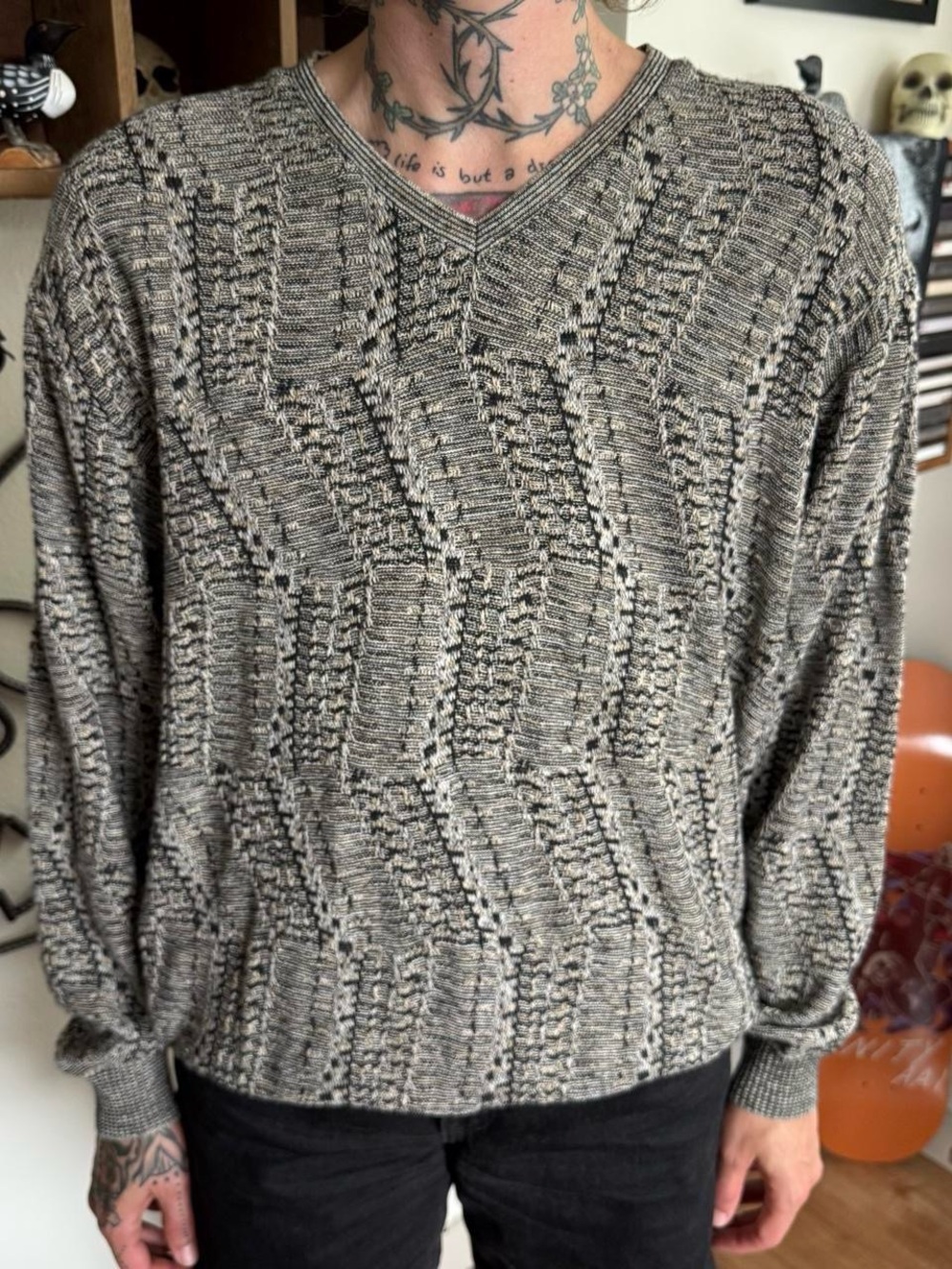 Vintage 90s Abstract Geometric Loose Knit Textured Sweater ~ Size Medium
